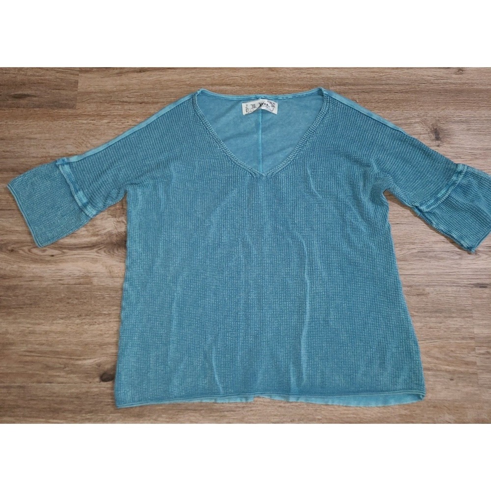 M.Rena women S Waffle Cotton Knit V-neck Top Pullover 3/4 sleeve